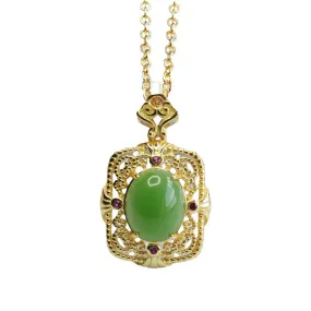 S925 Silver Natural Hetian Jade Oval Jasper Hollow Zircon Necklace