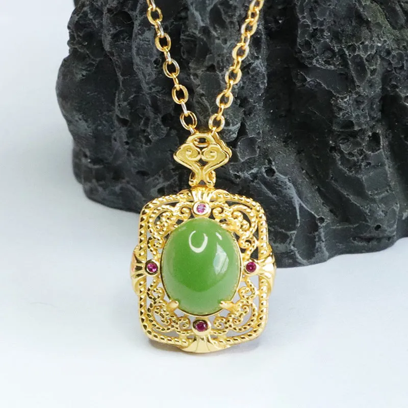 S925 Silver Natural Hetian Jade Oval Jasper Hollow Zircon Necklace