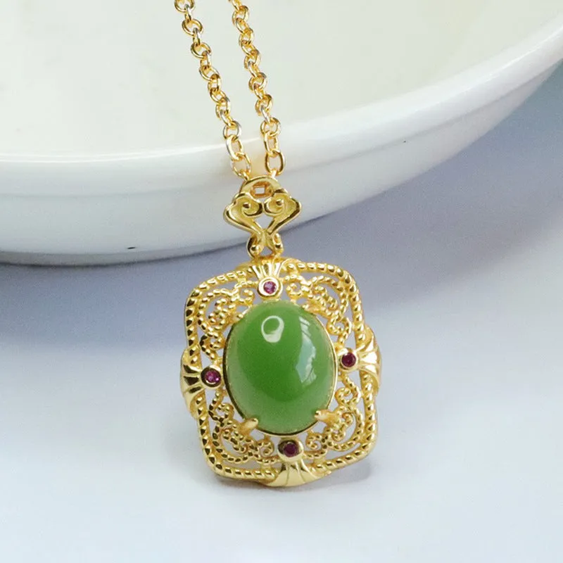 S925 Silver Natural Hetian Jade Oval Jasper Hollow Zircon Necklace