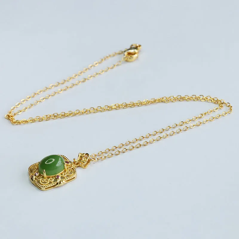 S925 Silver Natural Hetian Jade Oval Jasper Hollow Zircon Necklace