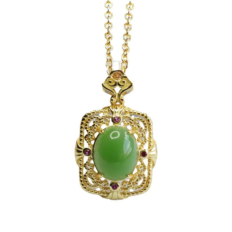 S925 Silver Natural Hetian Jade Oval Jasper Hollow Zircon Necklace
