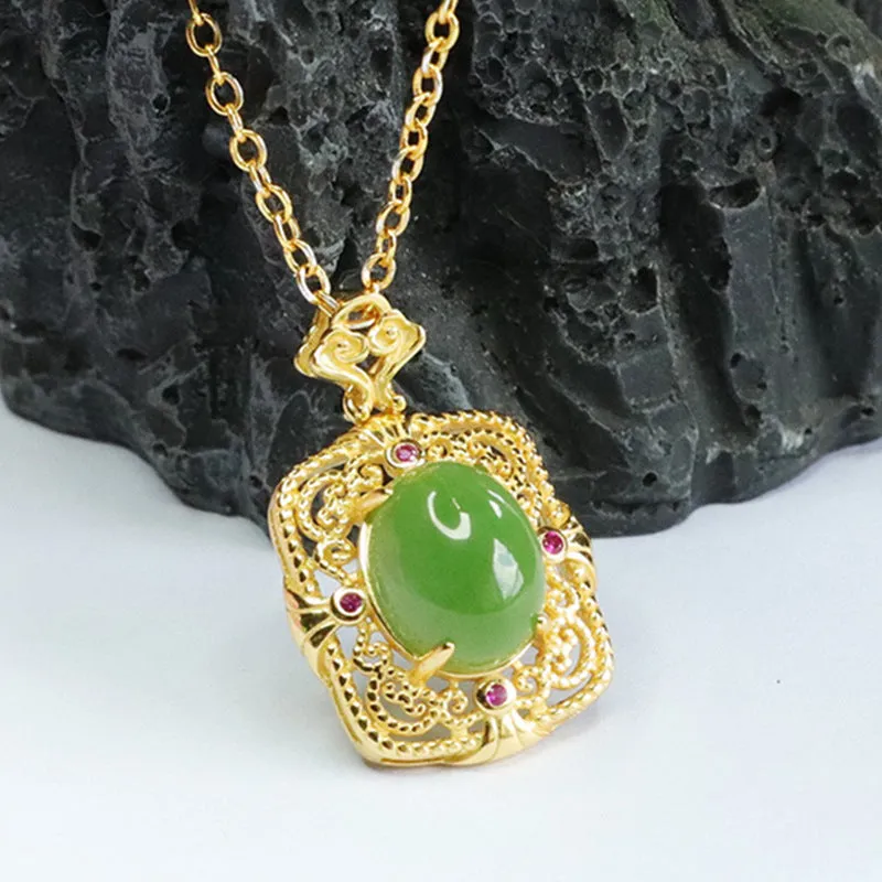 S925 Silver Natural Hetian Jade Oval Jasper Hollow Zircon Necklace
