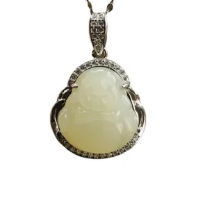 S925 Silver Natural Hetian Jade Pendant Buddha Zircon Necklace Jewelry