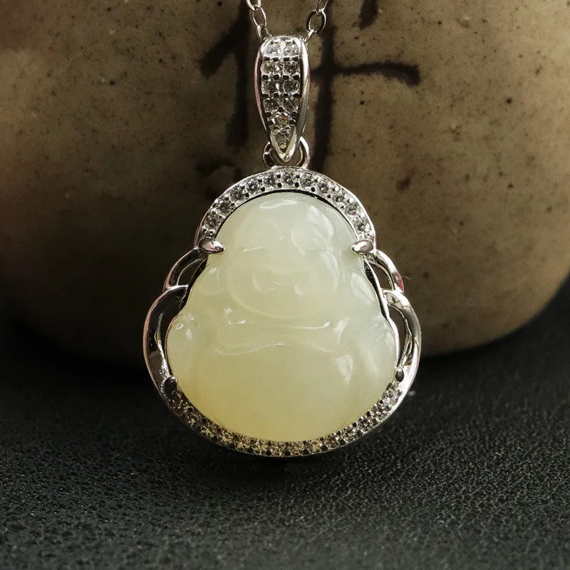 S925 Silver Natural Hetian Jade Pendant Buddha Zircon Necklace Jewelry