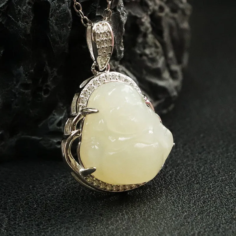 S925 Silver Natural Hetian Jade Pendant Buddha Zircon Necklace Jewelry