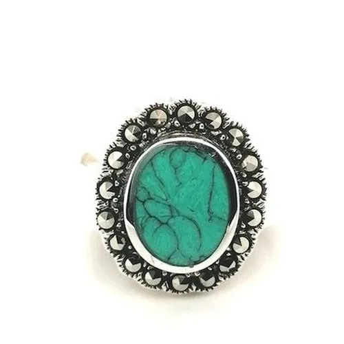 Silver Marcasite Ring With Oval Turquoise Stone