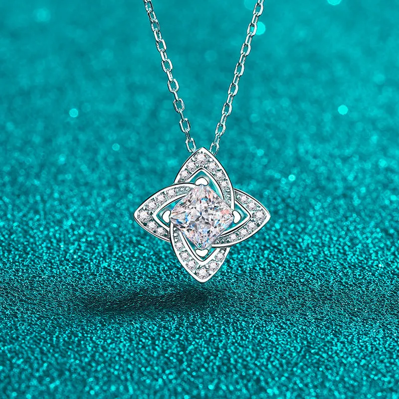 Silver plated moissanite necklace four-leaf square 5MM white zircon clavicle chain