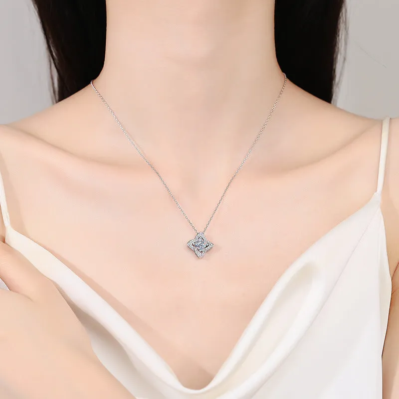 Silver plated moissanite necklace four-leaf square 5MM white zircon clavicle chain