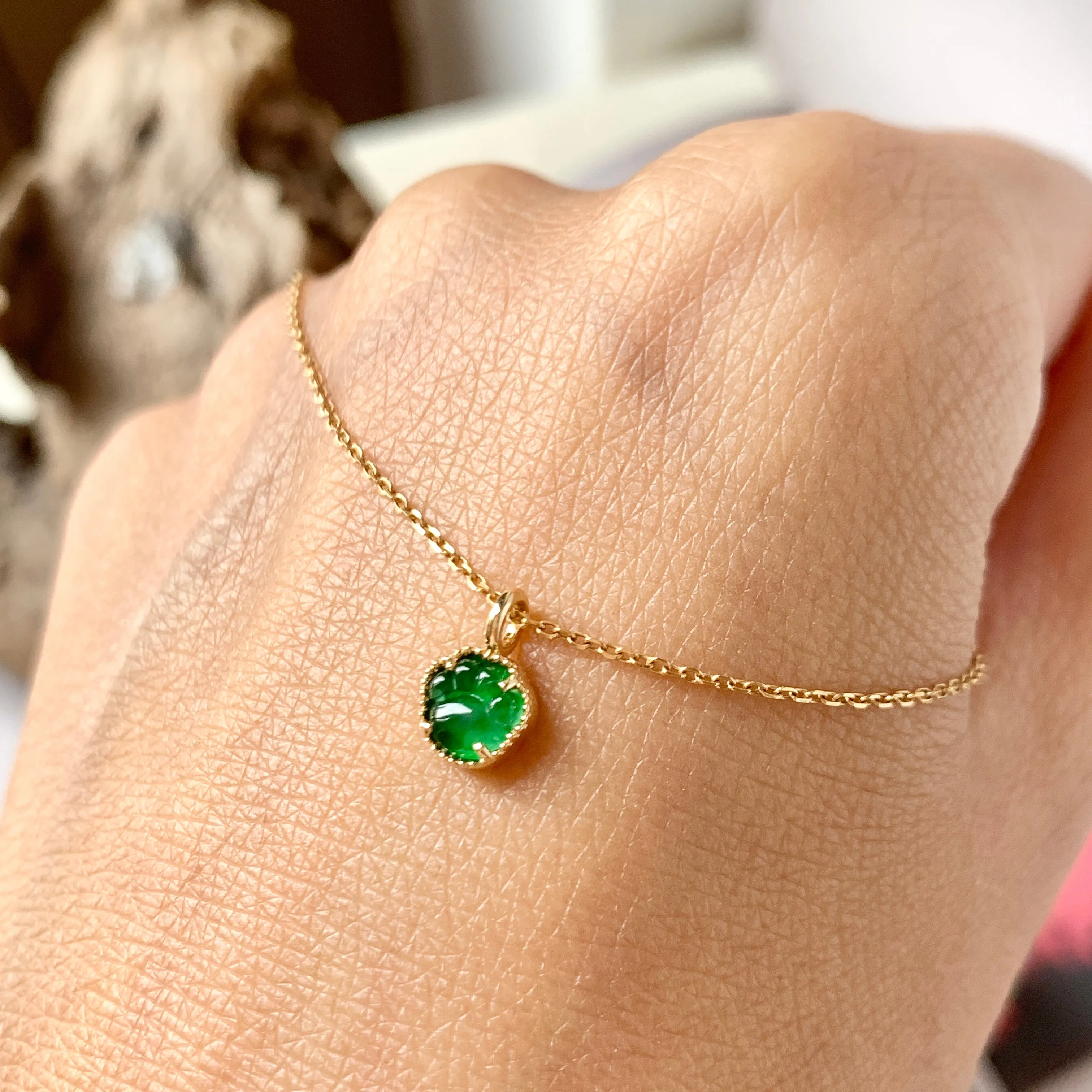 SOLD OUT: Icy A-Grade Imperial Green Jadeite Kitten Paw Pendant No.171971
