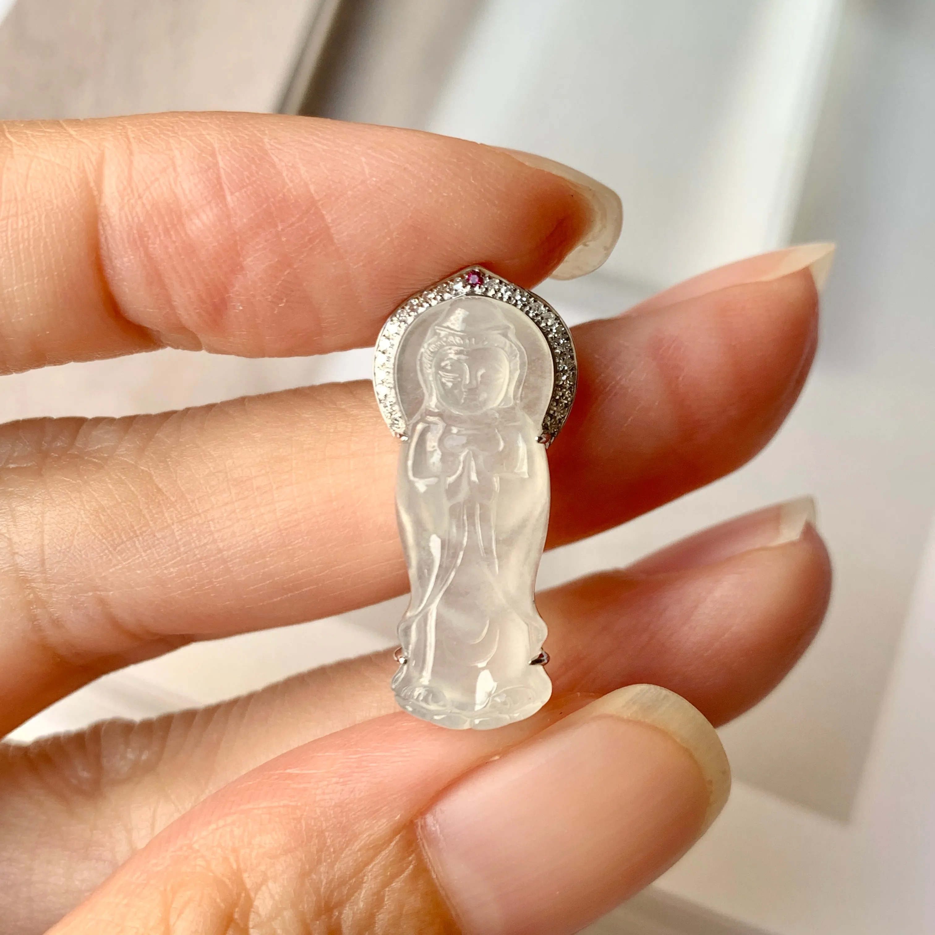 SOLD OUT - Icy A-Grade Natural Jadeite Goddess of Mercy Pendant No.171936