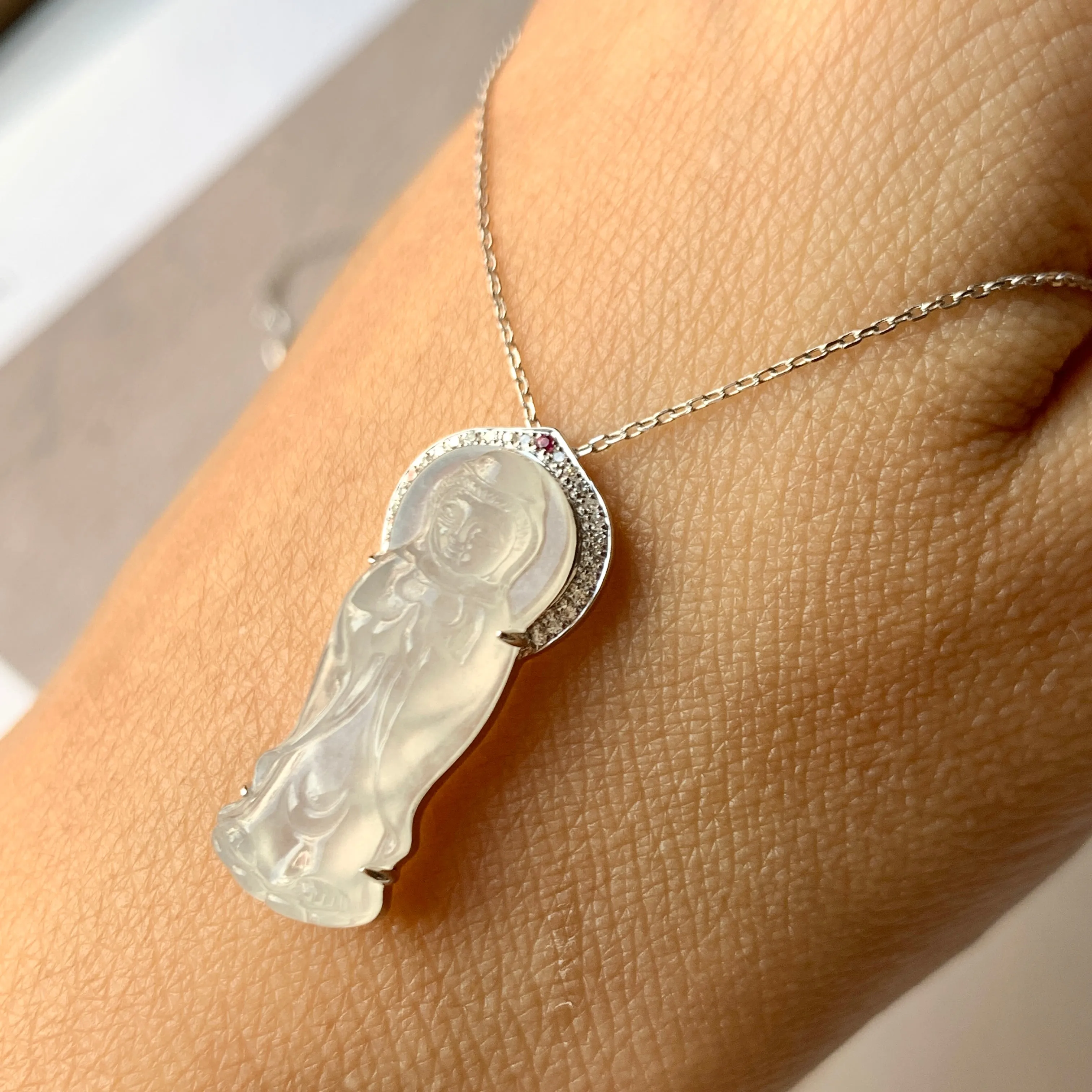 SOLD OUT - Icy A-Grade Natural Jadeite Goddess of Mercy Pendant No.171936