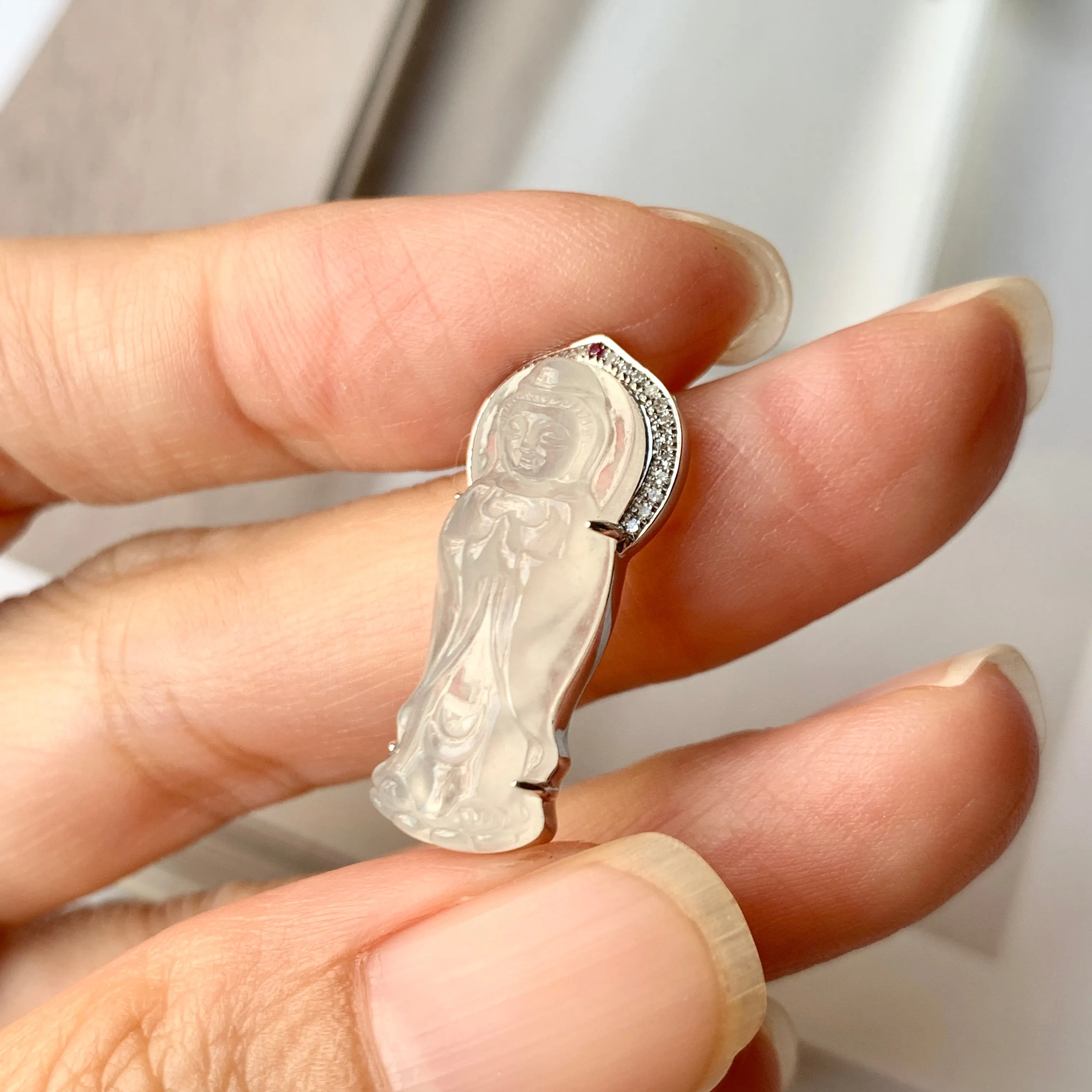 SOLD OUT - Icy A-Grade Natural Jadeite Goddess of Mercy Pendant No.171936