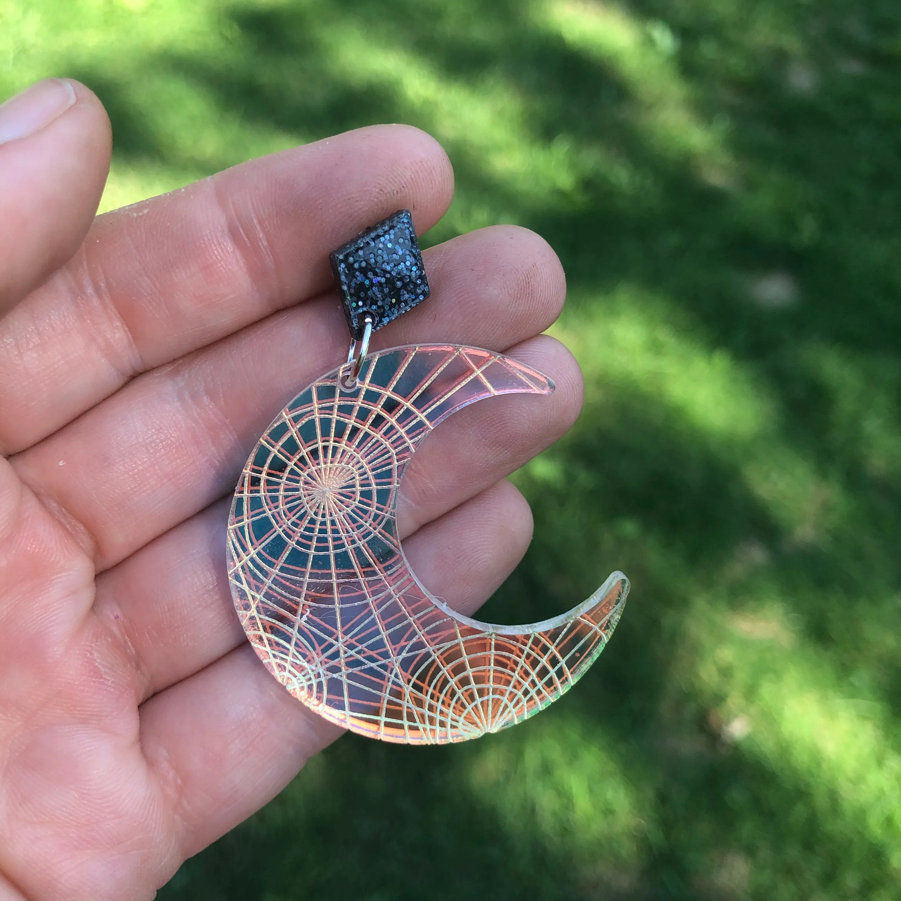 Spiderweb Moon Iridescent Dangle Earrings