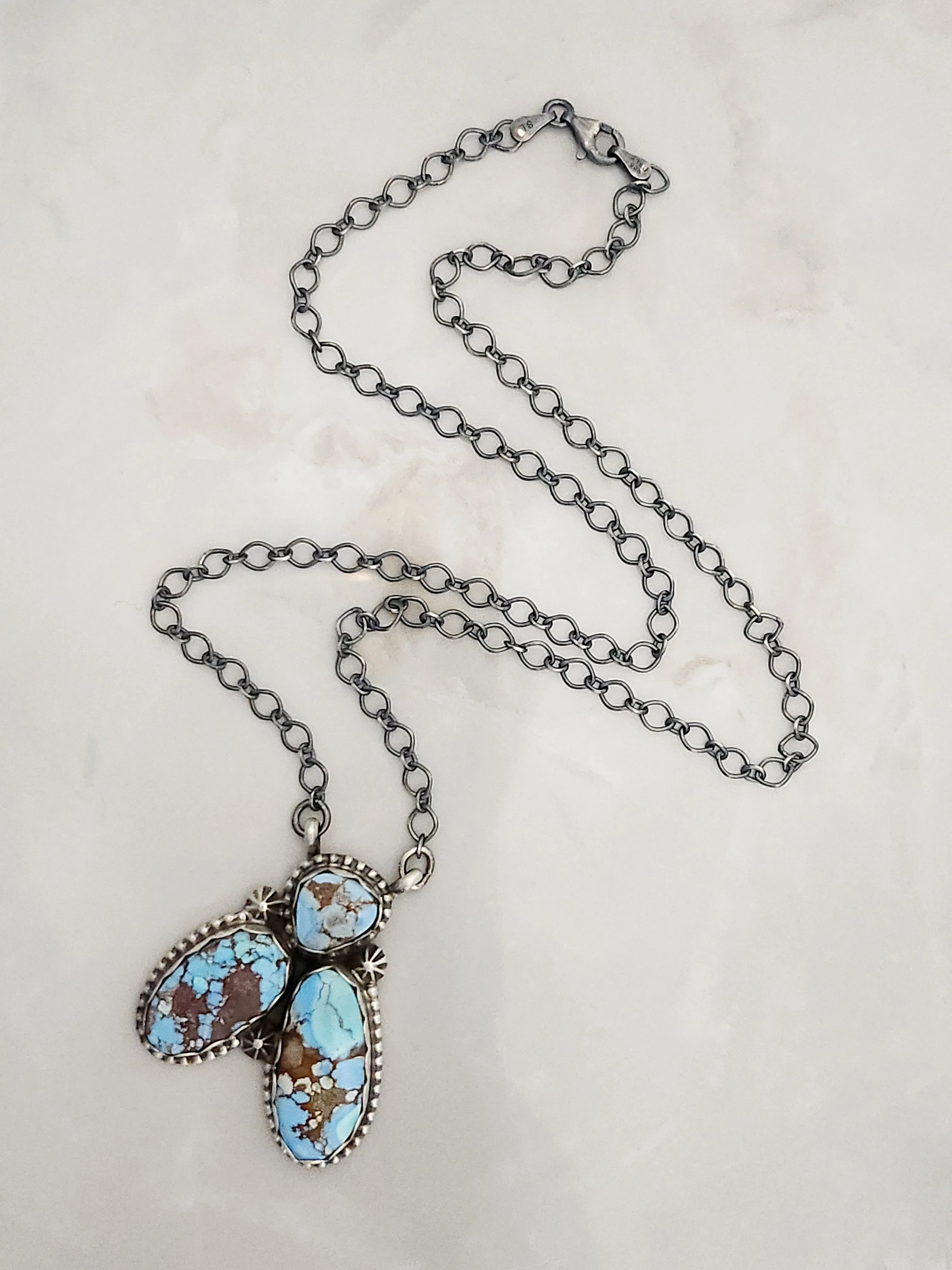 Stamped Sterling Silver Golden Hills Turquoise 3 Stone Necklace