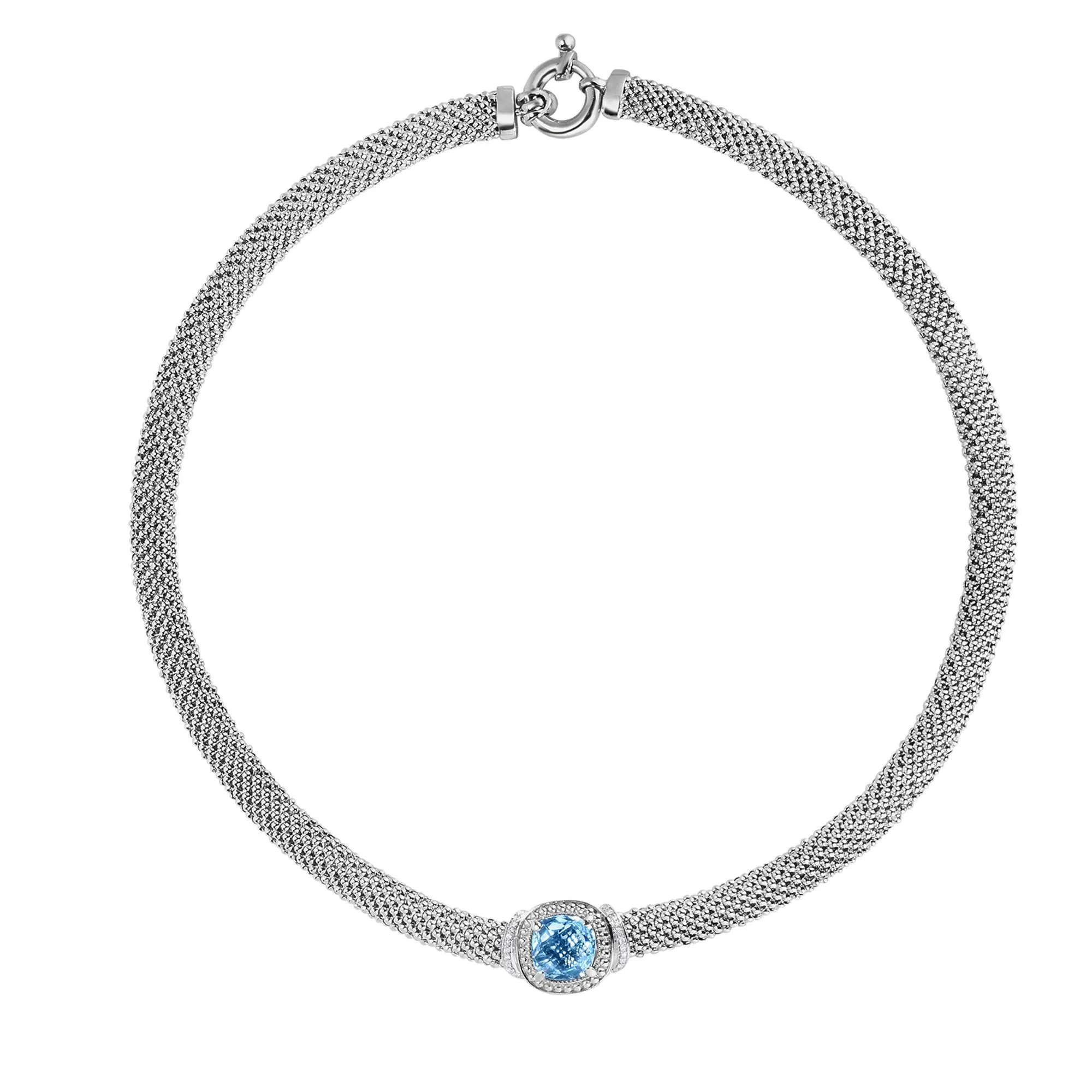 Sterling Silver 17 inches with Rhodium Finish 8mm Shiny Fancy Popcorn Necklace with Spring Ring Clasp 0.1100ct White Diamond 5.1800ct 10x10mm Cushion Blue Topaz