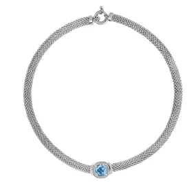 Sterling Silver 17 inches with Rhodium Finish 8mm Shiny Fancy Popcorn Necklace with Spring Ring Clasp 0.1100ct White Diamond 5.1800ct 10x10mm Cushion Blue Topaz