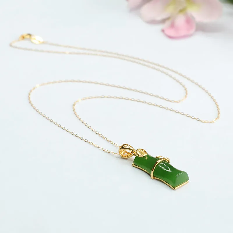Sterling Silver Bamboo Pendant Necklace with Natural Hetian Jade and Jasper Blessing