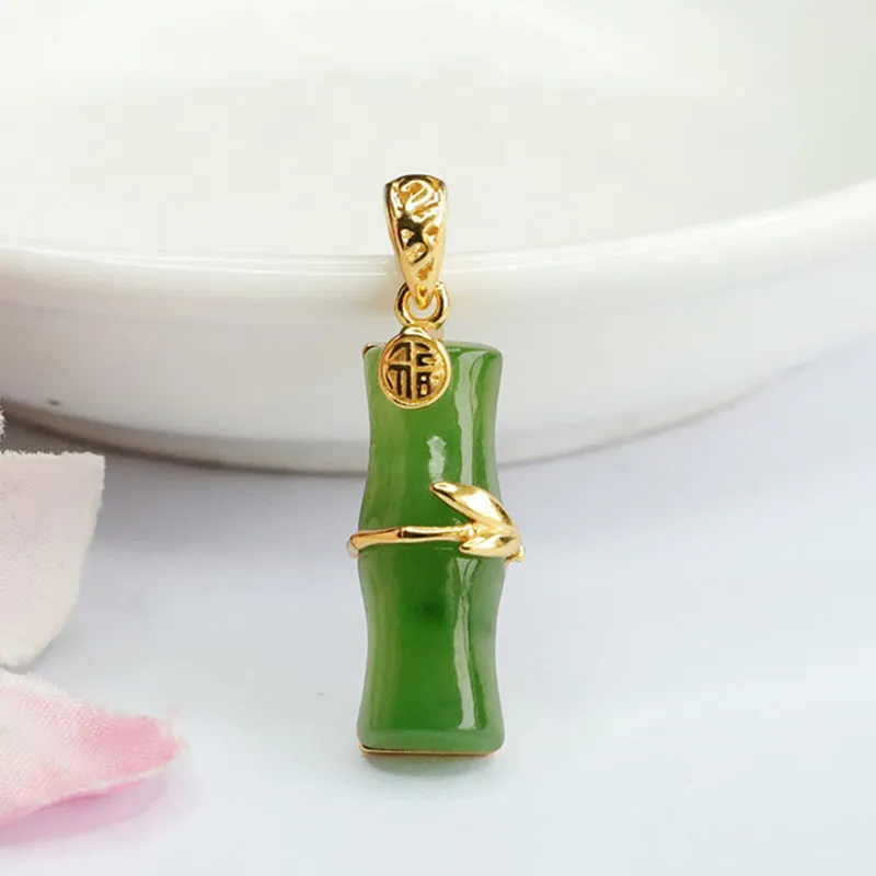 Sterling Silver Bamboo Pendant Necklace with Natural Hetian Jade and Jasper Blessing