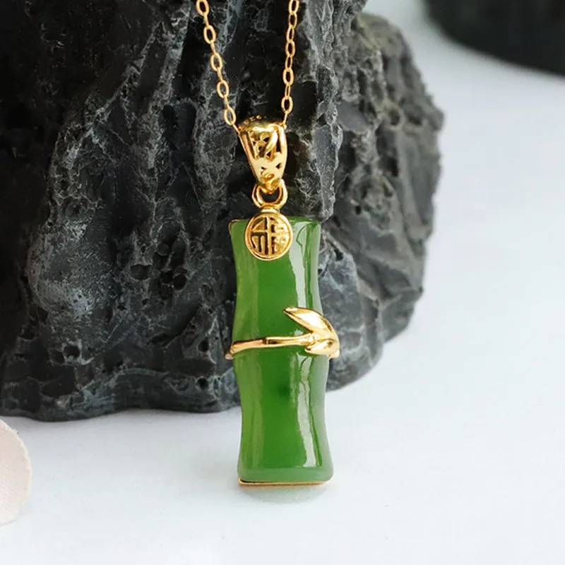 Sterling Silver Bamboo Pendant Necklace with Natural Hetian Jade and Jasper Blessing