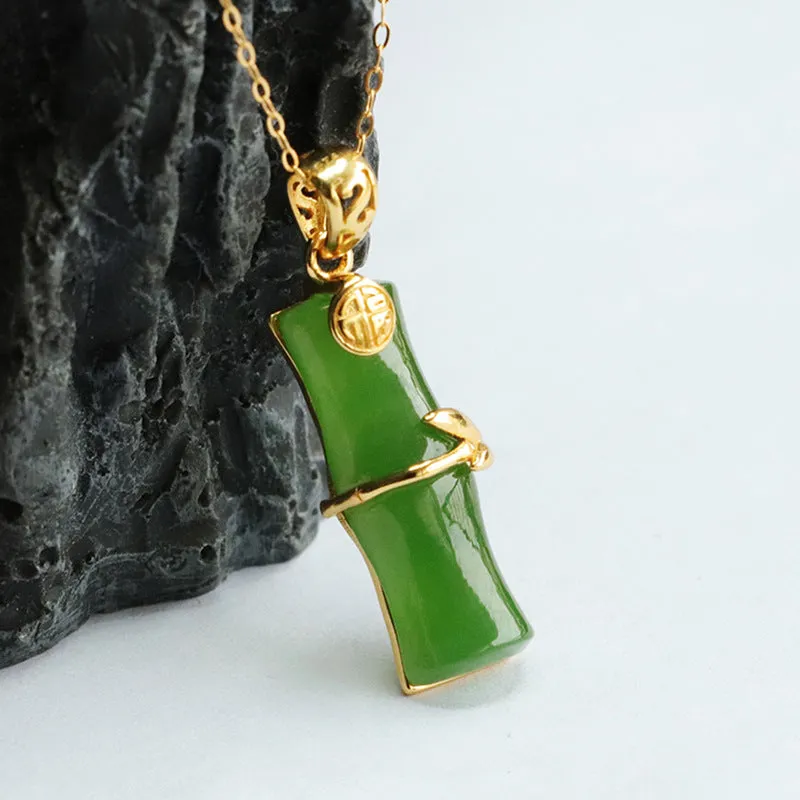 Sterling Silver Bamboo Pendant Necklace with Natural Hetian Jade and Jasper Blessing
