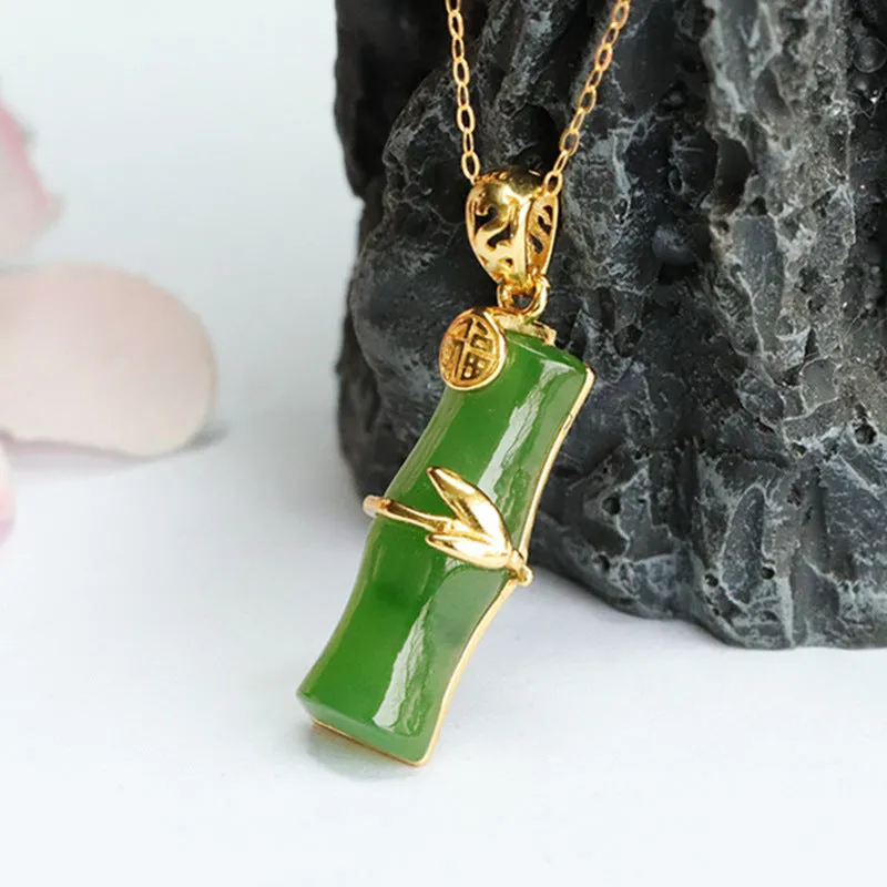 Sterling Silver Bamboo Pendant Necklace with Natural Hetian Jade and Jasper Blessing