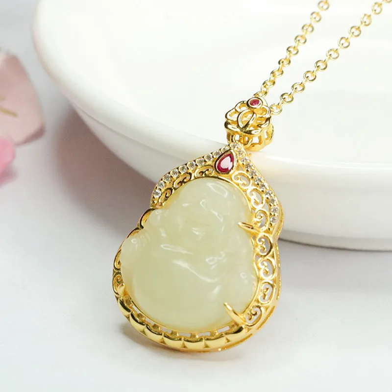 Sterling Silver Buddha Pendant with Natural Hetian Jade Necklace