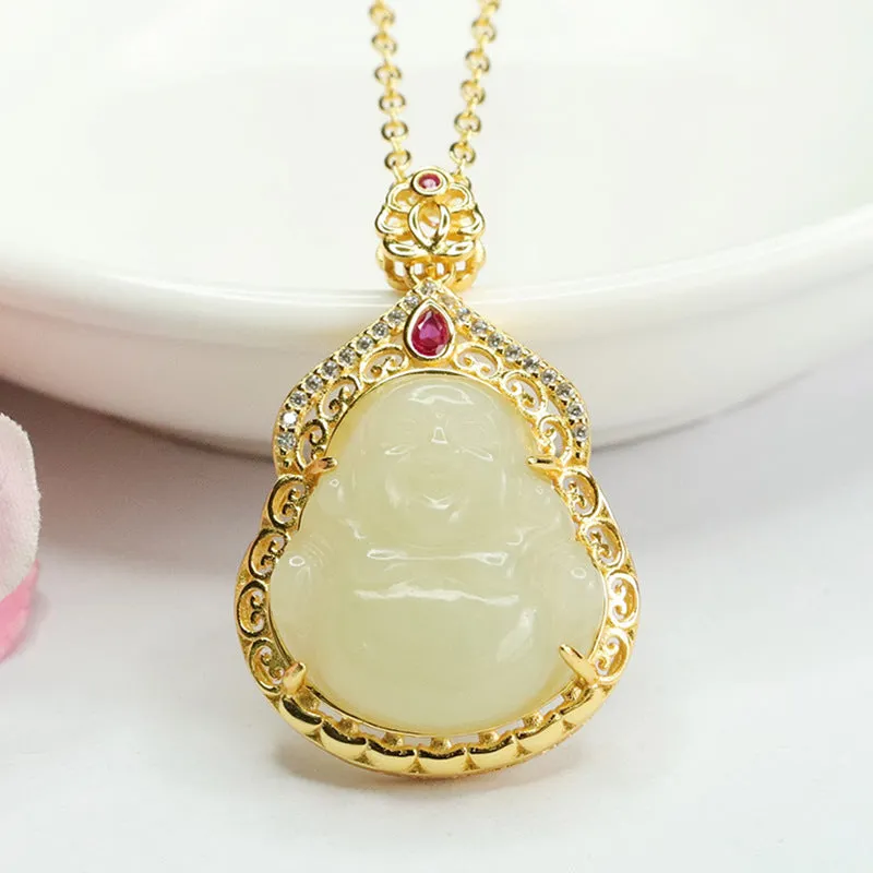 Sterling Silver Buddha Pendant with Natural Hetian Jade Necklace
