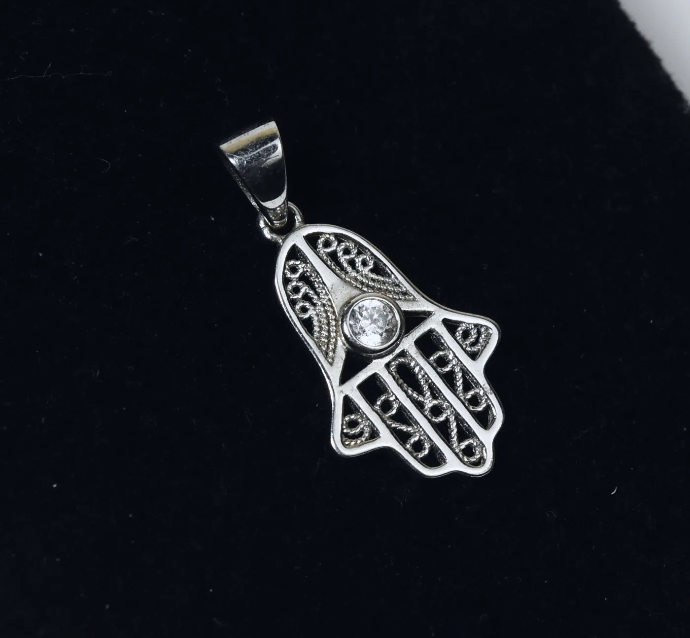 Sterling Silver Filigree Crystal Hamsa Pendant