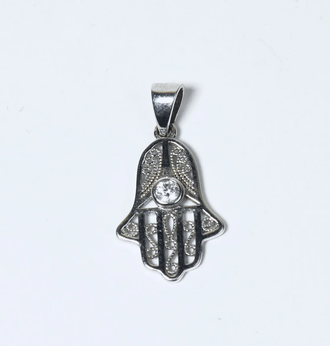 Sterling Silver Filigree Crystal Hamsa Pendant