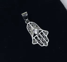 Sterling Silver Filigree Crystal Hamsa Pendant