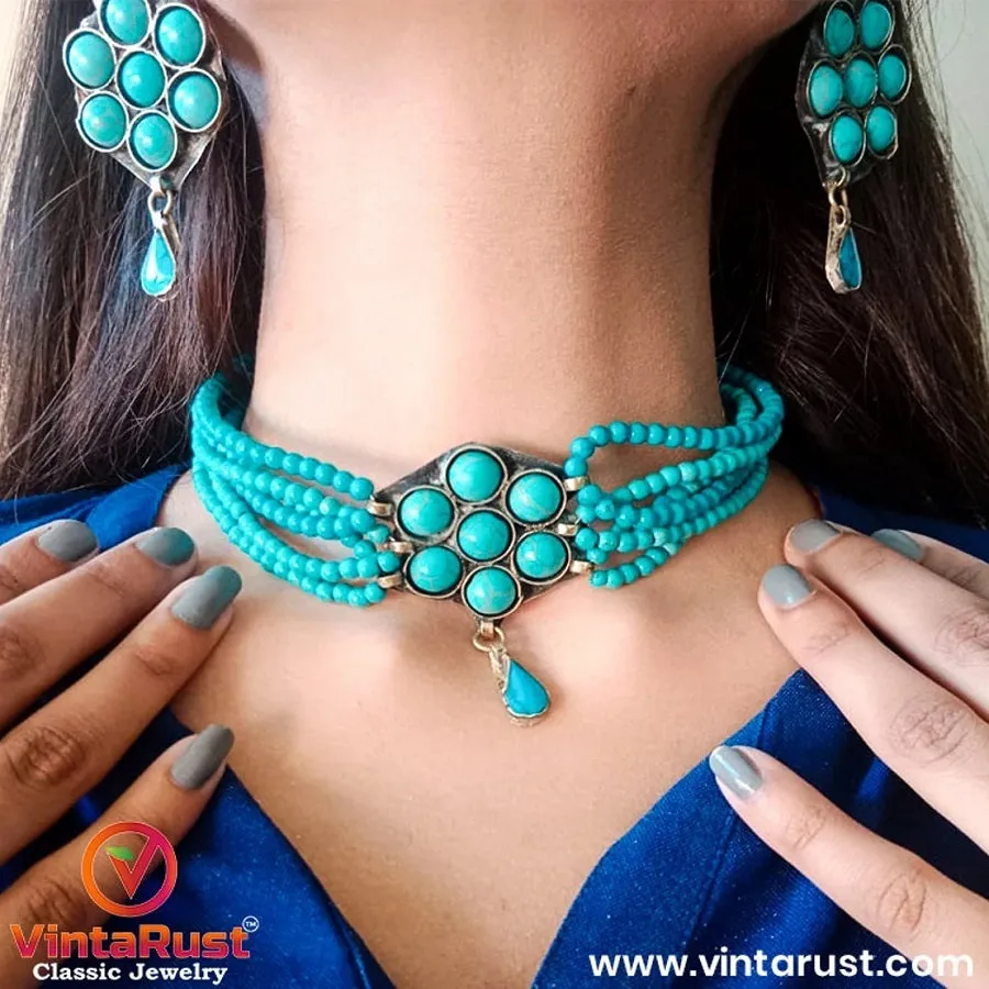 Turquoise Flower Necklace and Earrings  Jewellery Set