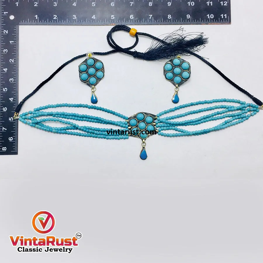 Turquoise Flower Necklace and Earrings  Jewellery Set