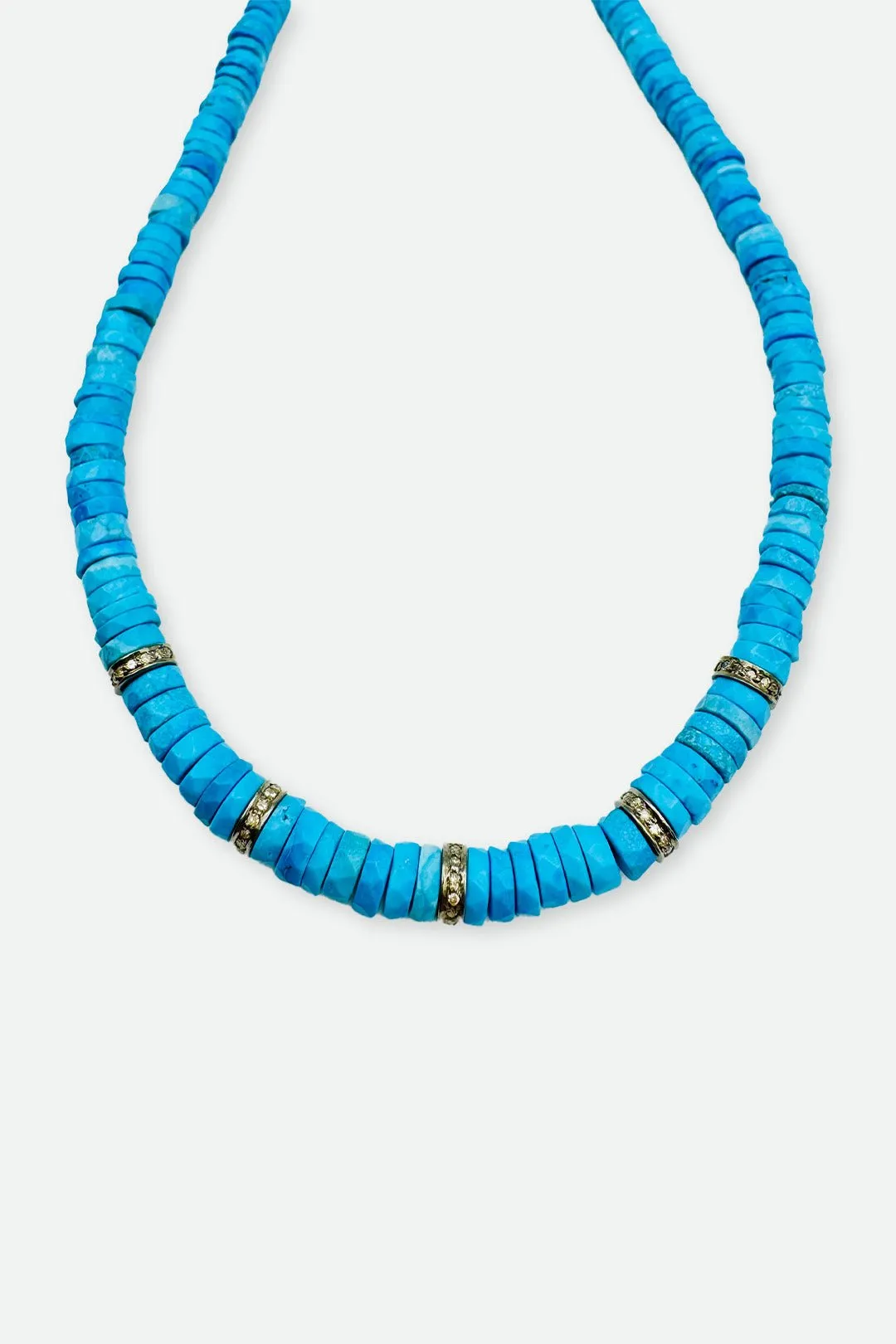 Turquoise Necklace Heishi Beads with 5 Diamond Spacer