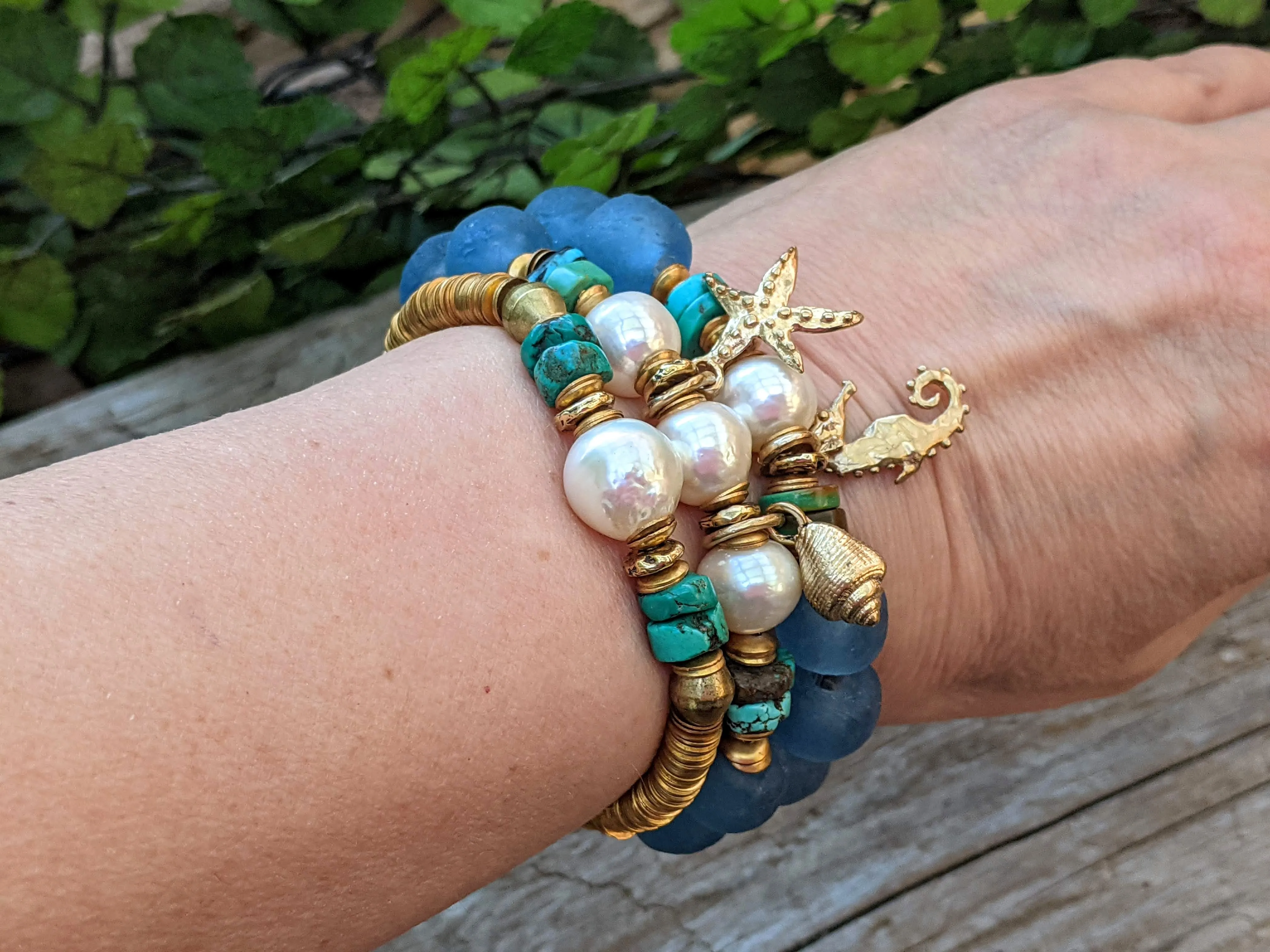 Turquoise, Sea Glass & White Edison Pearl Elastic Bracelet with Ocean Charms