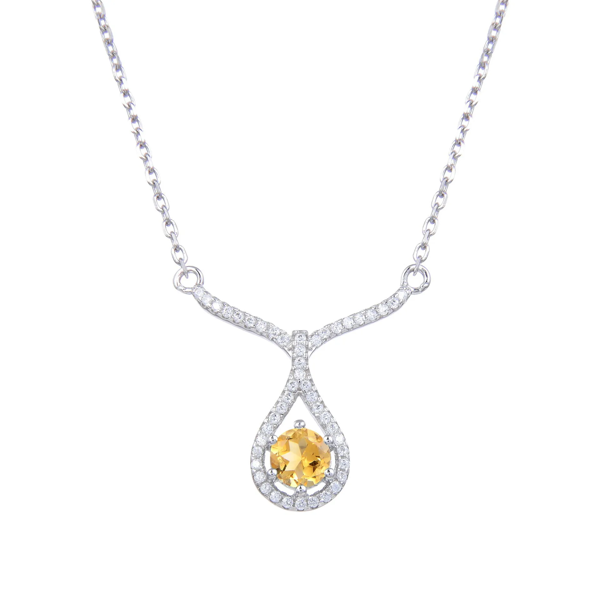 V Shape Water Droplet Round Cut Natural Gemstone Silver Necklace