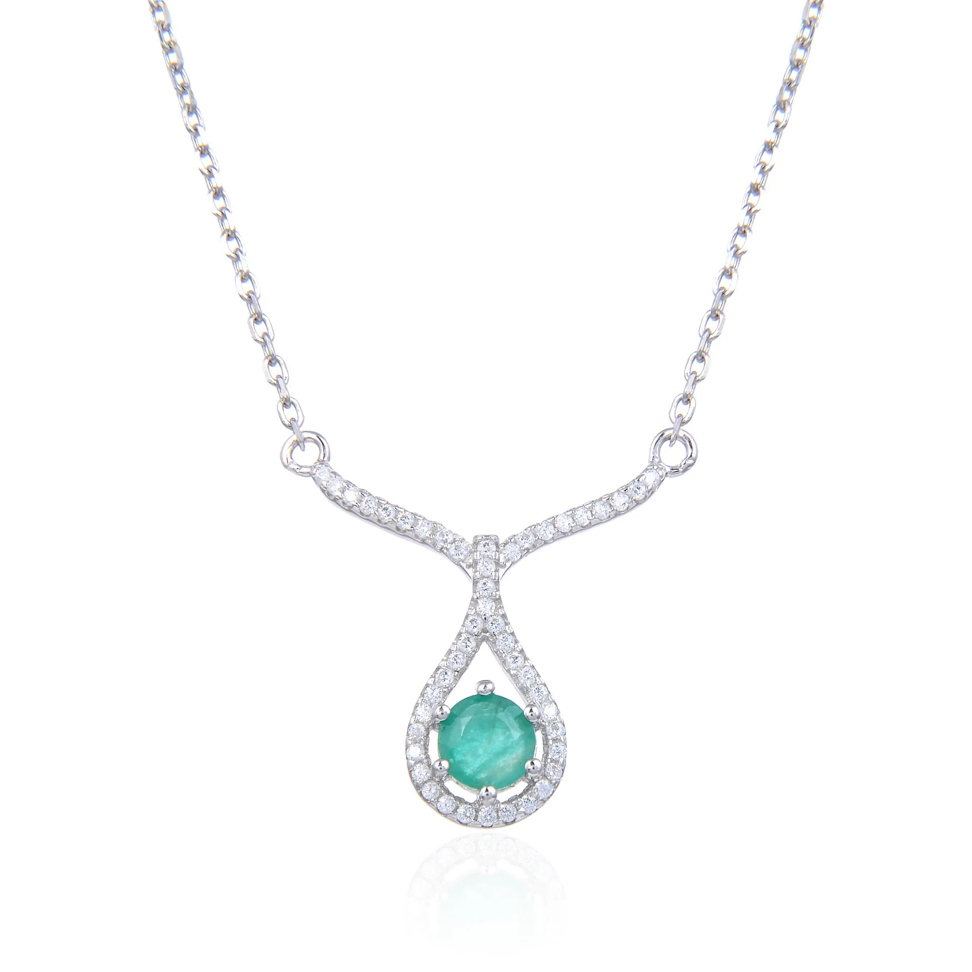 V Shape Water Droplet Round Cut Natural Gemstone Silver Necklace
