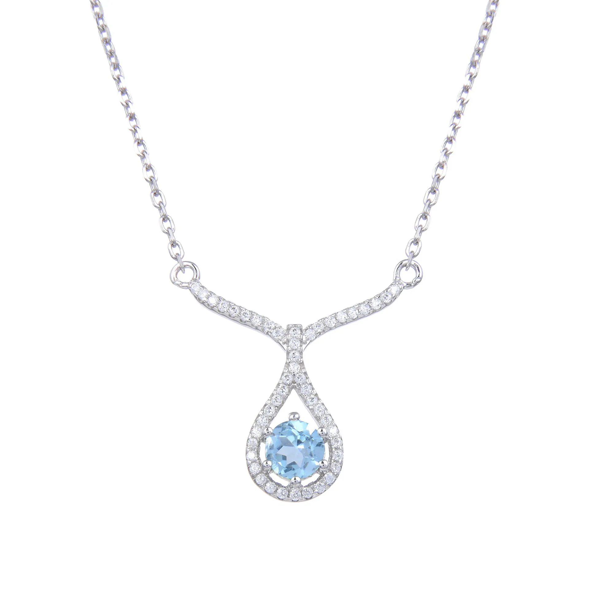 V Shape Water Droplet Round Cut Natural Gemstone Silver Necklace