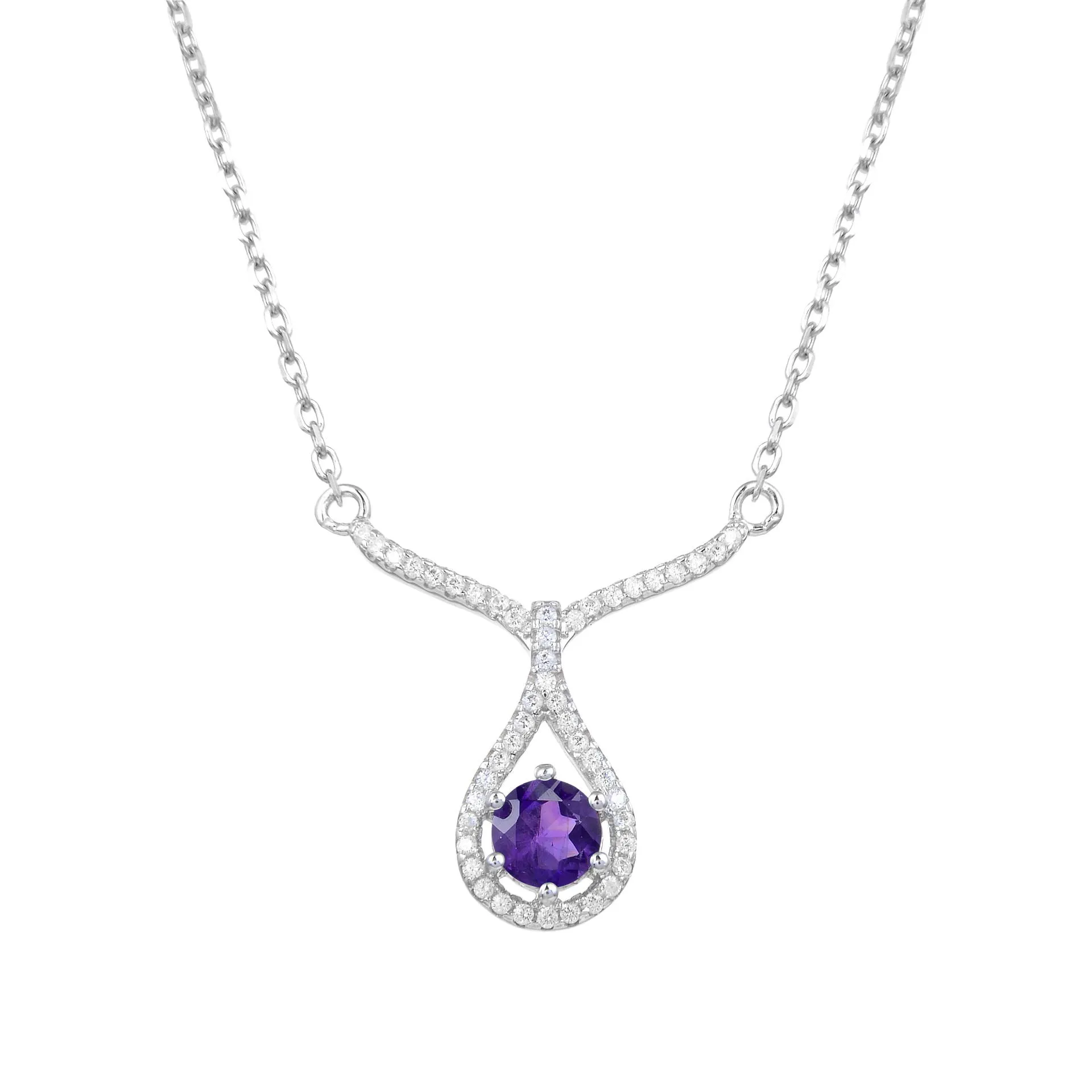V Shape Water Droplet Round Cut Natural Gemstone Silver Necklace