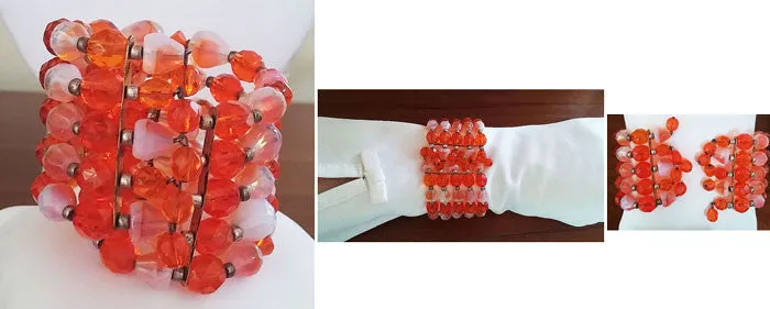 *VINTAGE 3-PIECE SET CRYSTAL GLASS & ART GLASS NECKLACE, EARRINGS & WIRE WRAP BRACELET PARURE IN ORANGE PEEL - MADE IN WEST GERMANY