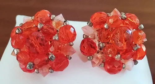*VINTAGE 3-PIECE SET CRYSTAL GLASS & ART GLASS NECKLACE, EARRINGS & WIRE WRAP BRACELET PARURE IN ORANGE PEEL - MADE IN WEST GERMANY