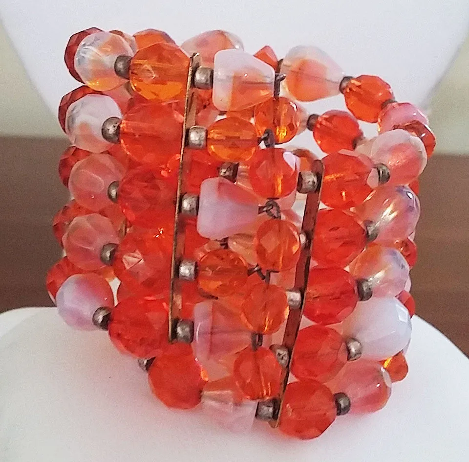 *VINTAGE 3-PIECE SET CRYSTAL GLASS & ART GLASS NECKLACE, EARRINGS & WIRE WRAP BRACELET PARURE IN ORANGE PEEL - MADE IN WEST GERMANY
