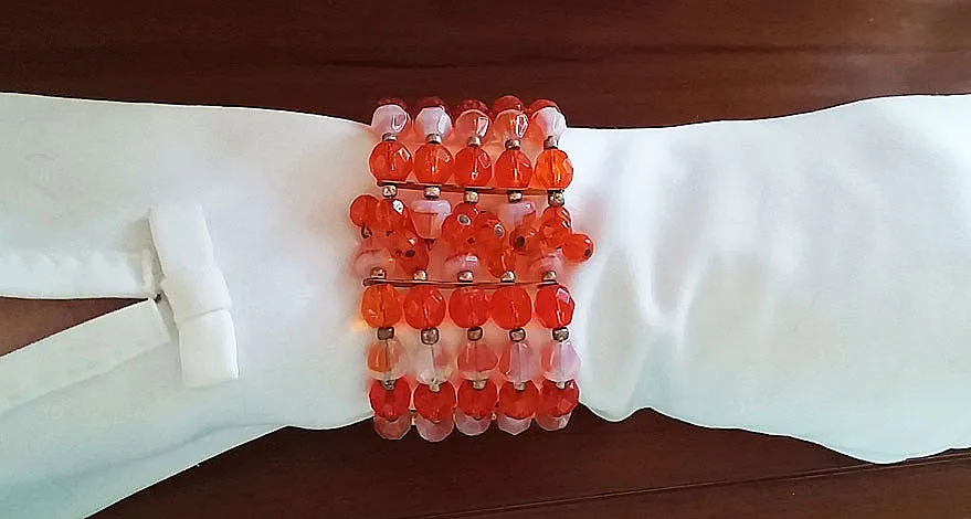 *VINTAGE 3-PIECE SET CRYSTAL GLASS & ART GLASS NECKLACE, EARRINGS & WIRE WRAP BRACELET PARURE IN ORANGE PEEL - MADE IN WEST GERMANY