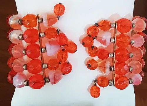 *VINTAGE 3-PIECE SET CRYSTAL GLASS & ART GLASS NECKLACE, EARRINGS & WIRE WRAP BRACELET PARURE IN ORANGE PEEL - MADE IN WEST GERMANY