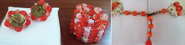 *VINTAGE 3-PIECE SET CRYSTAL GLASS & ART GLASS NECKLACE, EARRINGS & WIRE WRAP BRACELET PARURE IN ORANGE PEEL - MADE IN WEST GERMANY