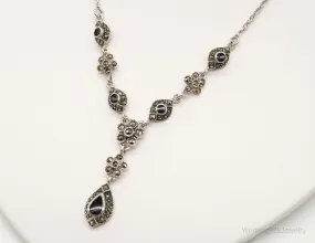 Vintage Black Onyx Marcasite Art Deco Sterling Silver Necklace
