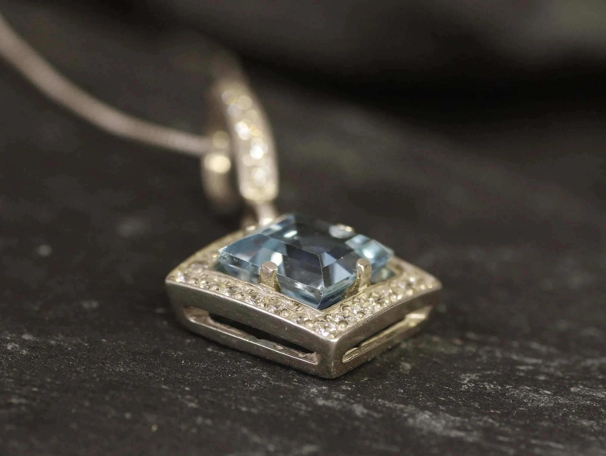 Vintage Blue Topaz Necklace - Genuine Blue Topaz Pendant - December Birthstone Necklace