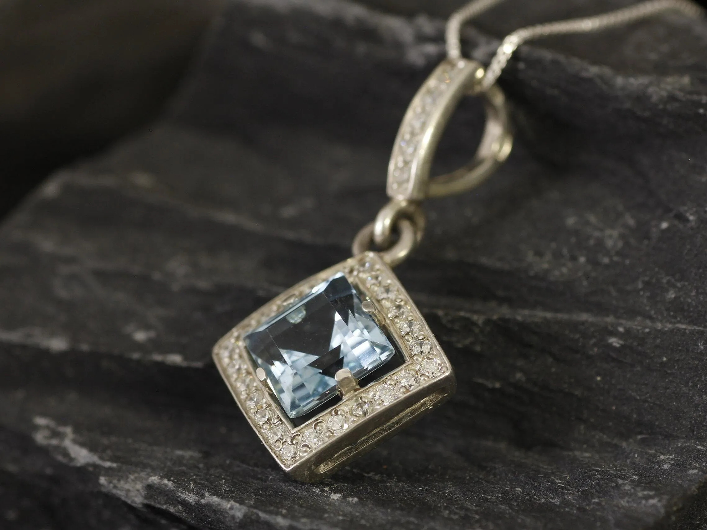 Vintage Blue Topaz Necklace - Genuine Blue Topaz Pendant - December Birthstone Necklace