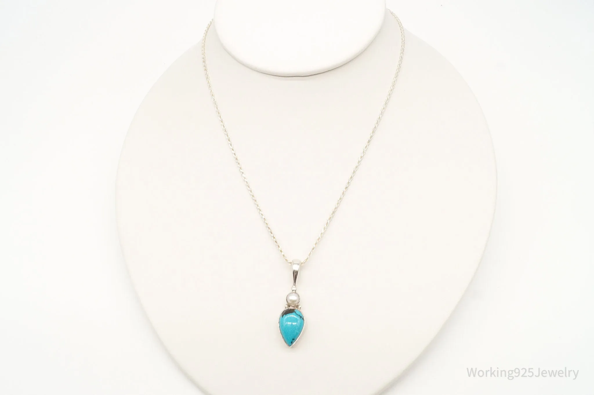 Vintage Designer SAJEN Turquoise Pearl Sterling Silver Necklace