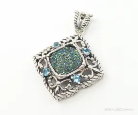 Vintage Druzy Quartz Blue Topaz Sterling Silver Necklace Pendant