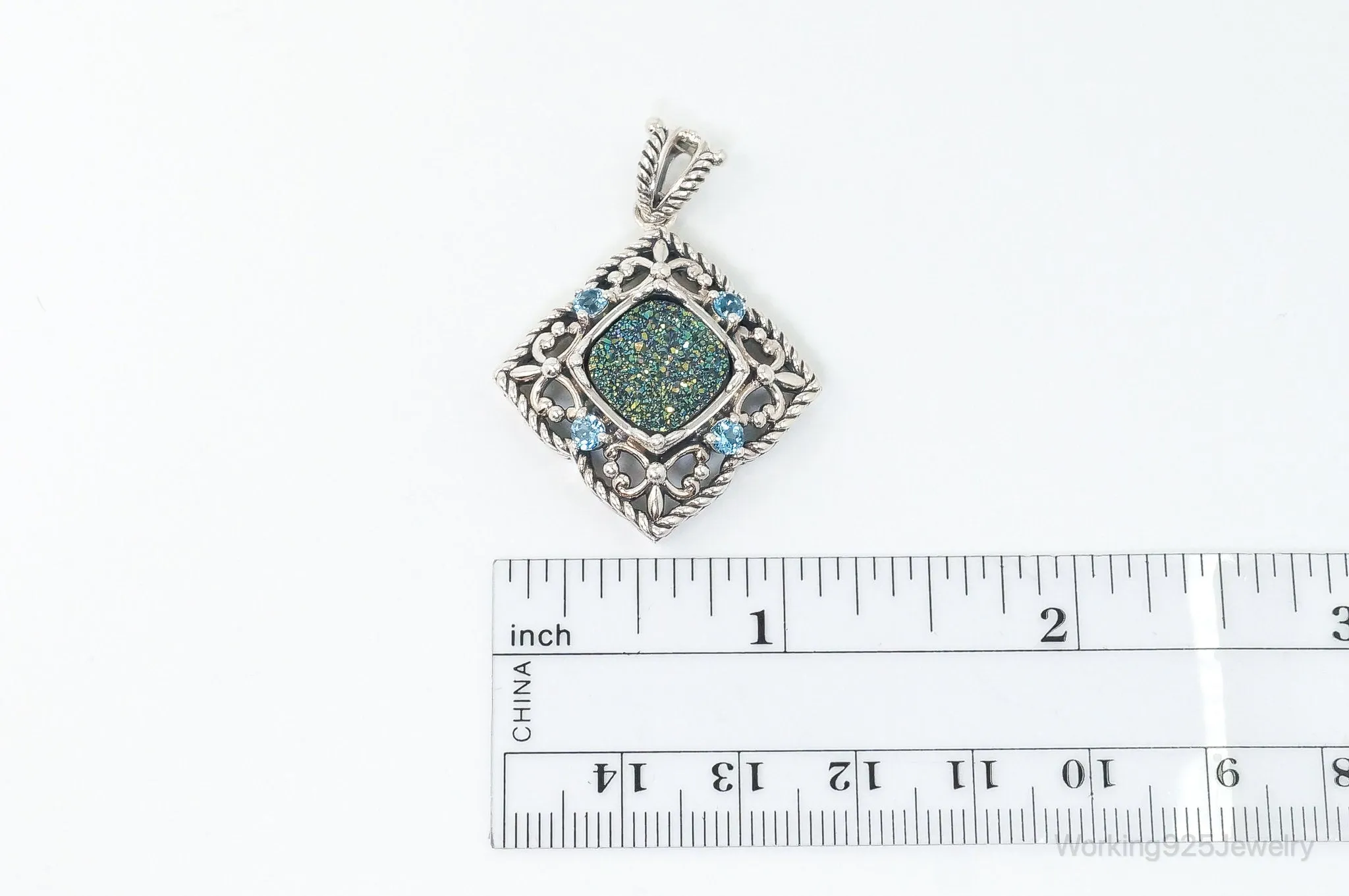 Vintage Druzy Quartz Blue Topaz Sterling Silver Necklace Pendant